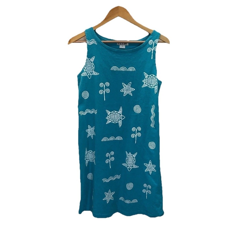 Vintage M Mac Turtle Sun Tank Shift Dress Hand‎ Printed Teal Cotton Size S Beach